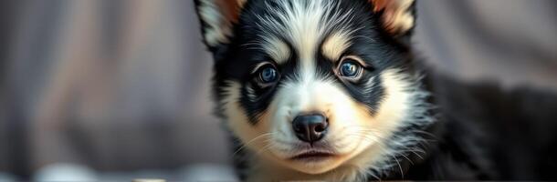 Cute puppy with black and white fur sitting calmly indoors during the afternoon light photo