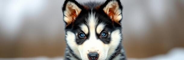 Husky puppy with striking blue eyes sitting outdoors in a winter setting photo