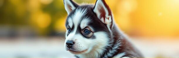 Siberian husky puppy looking curious during a sunny evening in a park with soft lighting and blurred background photo