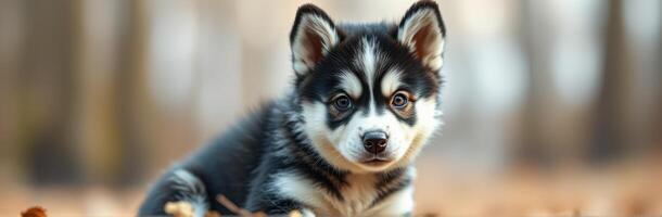 Cute black and white husky puppy sitting on a bed of leaves in autumn sunlight photo