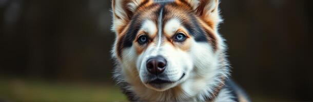 Beautiful dog with striking features poses for a close-up in a natural setting during daylight photo