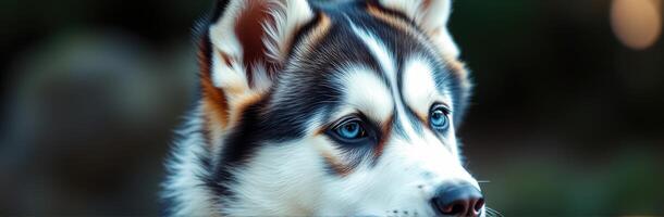 Husky puppy playing in a lush green garden during late afternoon light with bright blue skies in the background photo