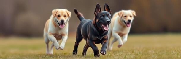 Dogs running joyfully across an open field during early afternoon in a natural setting photo