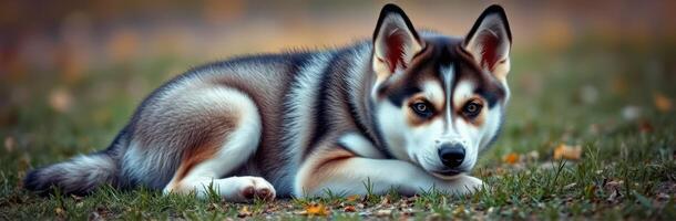 Beautiful husky dog resting on green grass in a peaceful outdoor setting during golden hour photo