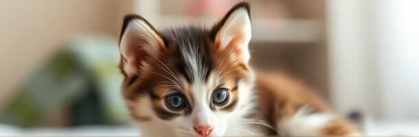 Cute kitten playing indoors on a sunny day with bright eyes and fluffy fur in a cozy living room setting photo