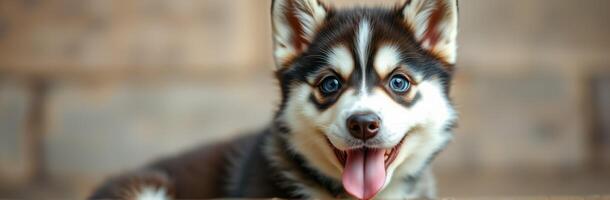 Happy husky puppy relaxing indoors by a brick wall with bright blue eyes and a playful expression photo