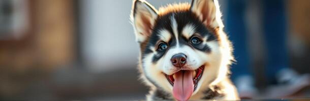 Happy husky puppy with bright fur and playful expression enjoying the outdoors on a sunny day in a backyard photo