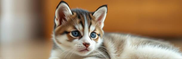 Cute kitten resting indoors with bright blue eyes on a sunny day photo