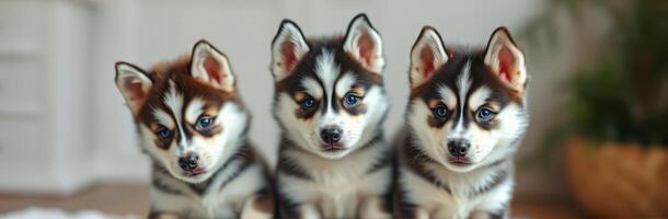 Cute puppies sitting indoors with playful expressions enjoying their time together photo