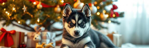 Cute husky puppy lying in front of a decorated Christmas tree with gifts and soft lights in a cozy indoor setting photo
