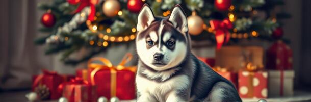 Cute husky puppy sitting in front of a decorated Christmas tree with gifts and ornaments creating a festive atmosphere photo