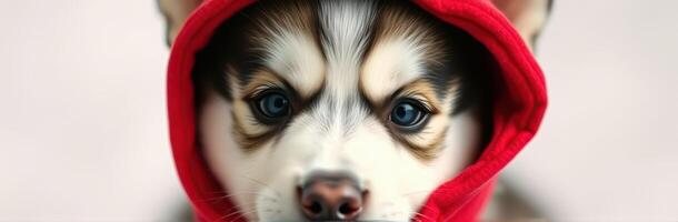 Cute puppy in red hoodie looking directly at the camera indoors during daylight hours photo