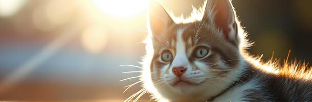 Cat basking in sunlight with vibrant fur and striking blue eyes at golden hour outdoors photo