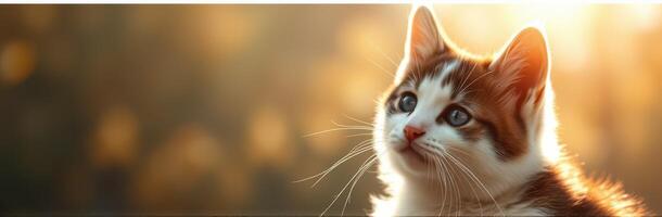 Beautiful domestic cat sits in soft evening light, gazing curiously into the distance in a tranquil outdoor setting photo