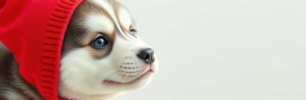 Cute puppy wearing a red hat with blue eyes and fluffy fur poses against a light background in a playful setting photo