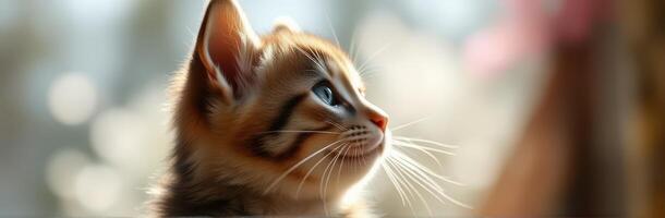 Cute kitten gazing curiously at sunlight streaming through a window in a cozy room photo