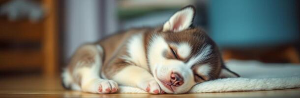 Cute puppy resting peacefully on a soft surface in a cozy indoor space during daytime photo