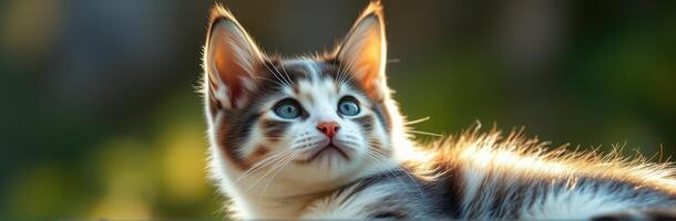 Playful kitten exploring a sunlit garden setting with vibrant greenery in the background photo