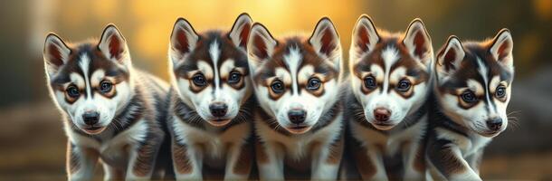 Five playful husky puppies exploring a sunny outdoor setting with a warm glow in the background during late afternoon photo