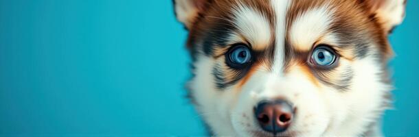Cute puppy with striking blue eyes poses against a vibrant blue background, showcasing its playful nature and fluffy fur photo