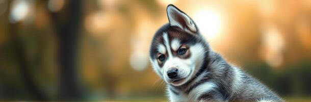 Cute playful husky puppy resting on a soft surface in a vibrant natural setting during golden hour photo
