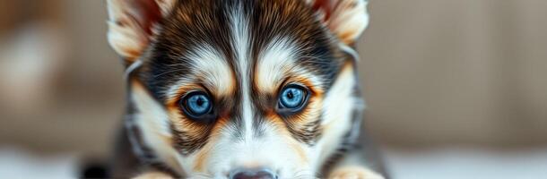 Beautiful corgi puppy with striking blue eyes looking curiously at the camera indoors photo