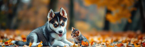 Cute puppy and kitten playing together among colorful autumn leaves in a serene park setting photo