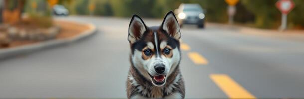 Dog running in the middle of an empty road on a sunny day in a scenic area photo