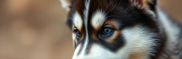Close-up of an adorable husky puppy with striking blue eyes in a blurred natural background photo