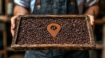 Barista in stylish apron holds tray coffee beans arranged in geolocation pin shape. Warm lighting enhances rich tones as cafe buzzes softly in background photo
