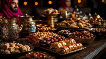 stunning table display during Eid al Fitr boasts baklava maamoul dates and nuts surrounded elegant decor and family enjoying celebration together photo