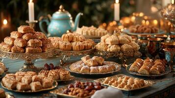 extensive spread for Eid al Fitr showcases delightful treats including baklava and maamoul arranged on ornate table adorned gold and blue accents creating festive atmosphere photo