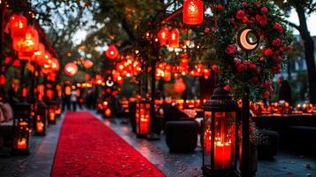beautifully arranged entranceway features ornate lanterns and fresh floral garlands illuminated warmly sunset creating festive atmosphere for Ramadan celebrations photo