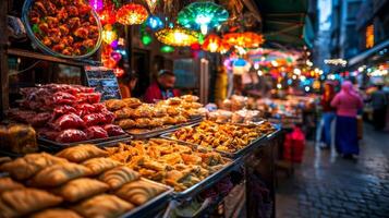 Vendors showcase array of traditional sweets including maamoul and baklava in lively Middle Eastern bazaar during Eid al Fitr celebrating community and cultural heritage photo