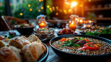 wide shot captures Ramadan Iftar table adorned traditional dishes including lentil soup stuffed grape leaves and fresh bread photo