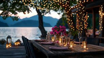peaceful garden terrace is transformed for family gathering adorned golden lanterns and string lights celebrating Eid al Fitr starry sky photo