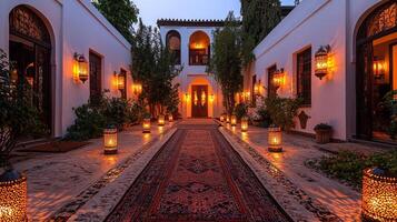 Glowing lanterns and colorful fabrics transform Middle Eastern courtyard creating serene atmosphere for family gatherings and celebration during Ramadan photo