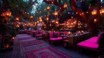Courtyard beautifully decorated for Eid al Fitr colorful rugs lanterns illuminating trees and tables adorned fragrant flowers and delectable sweets for family gathering photo