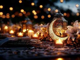 elegant Eid table centerpiece features golden crescent moon ornament glowing candles fresh white lilies and decorative lanterns creating festive ambiance for celebration photo