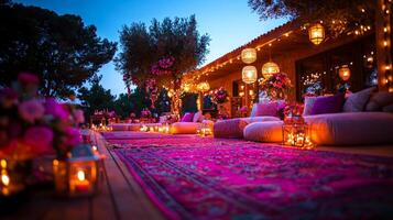 vibrant courtyard is adorned colorful rugs illuminated trees showcasing tables filled fresh flowers and sweet treats in preparation for Eid celebrations photo
