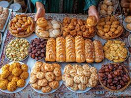 Hands carefully distribute freshly baked bread and dates charity event celebrating Ramadan. table showcases variety of delicious festive treats reflecting community unity photo