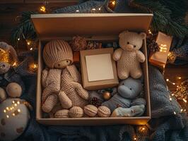 open holiday gift box showcases assortment of toys and books accompanied handwritten note. Soft fairy lights enhance warmth of Eid al Fitr celebration photo