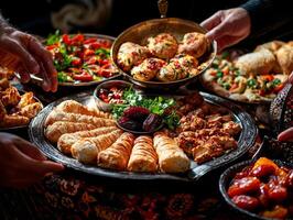Hands are seen portioning freshly baked bread and dates on festive table during Ramadan charity event. Families come together share in spirit of giving and community photo