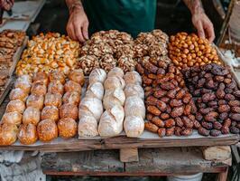 Hands distribute freshly baked bread and dates into small portions community gathering for Ramadan charity event celebrating unity and sharing photo