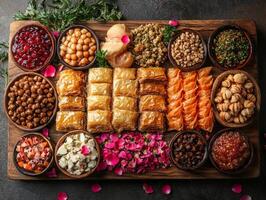 stunning presentation of variety of traditional Ramadan desserts is showcased on wooden tray. Baklava qatayef and knafeh are complemented fresh rose petals creating festive atmosphere photo