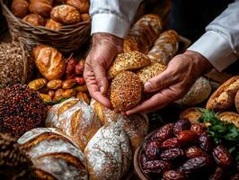 Hands divide freshly baked bread and dates into portions charity event for Ramadan embodying spirit of generosity and community during special time photo