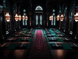 top down view shows series of prayer mats in beautifully decorated mosque each featuring open Mushaf for worshippers. Intricate designs and soft lighting enhance spiritual atmosphere photo