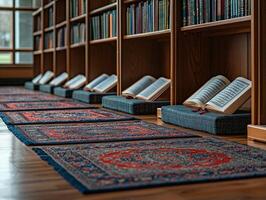 Rows of vibrant prayer mats align in mosque each displaying open Mushaf for worshippers. Intricate designs enhance serene space inviting prayer and reflection photo