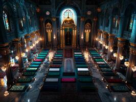 serene atmosphere envelops mosque as prayer mats are arranged neatly open Mushaf on each. Intricate Islamic designs adorn walls creating perfect setting for communal worship photo