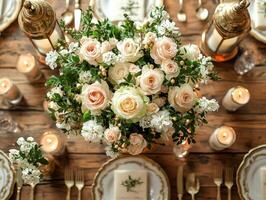 stunning floral arrangement featuring jasmine and roses in golden vase sits atop beautifully set table photo